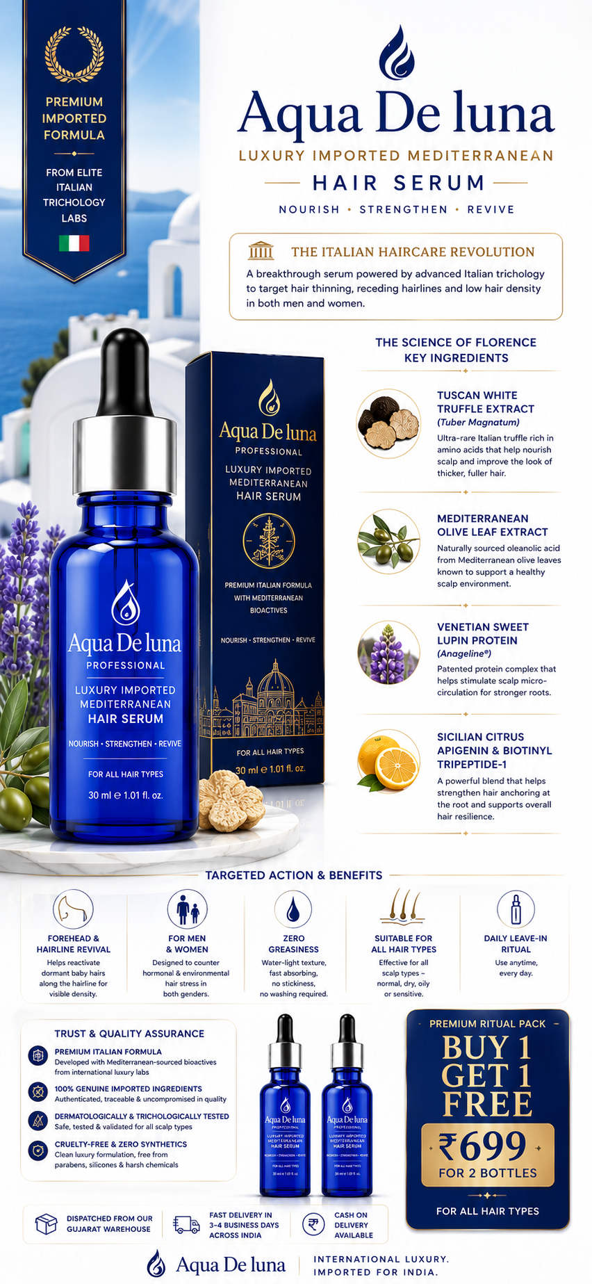 Aqua De Luna — Luxury Imported Mediterranean Hair Serum | Buy 1 Get 1 Free | ₹699 for 2 Bottles